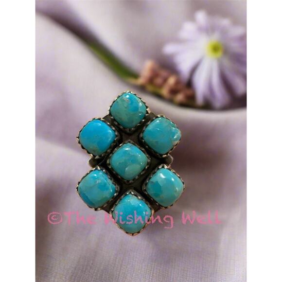 Kingman Blue Turquoise Cluster Ring | Sterling Silver| Size 7 - Picture 1 of 5